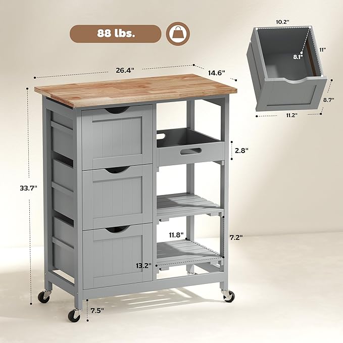 HOMCOM Rolling Kitchen Island Cart, Bar Serving Cart, Compact Trolley on Wheels with Wood Top, Shelves & Drawers for Home Dining Area, Gray