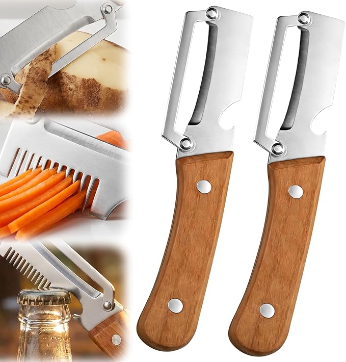 2026 Upgrade Vegetable Peeler and Julienne Peeler Set, Stainless Steel Vegetable Peelers for Kitchen with Wood Handles and Bottle Opener, 2-Pcs Multifunctional Vegetable Peeler Set