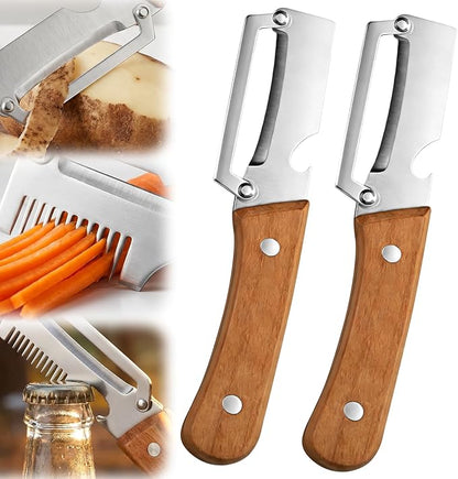 2026 Upgrade Vegetable Peeler and Julienne Peeler Set, Stainless Steel Vegetable Peelers for Kitchen with Wood Handles and Bottle Opener, 2-Pcs Multifunctional Vegetable Peeler Set