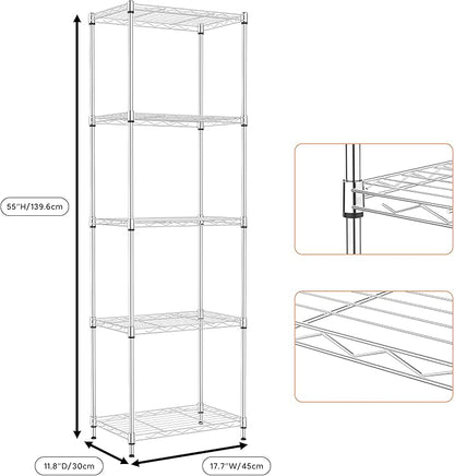M MZG 5 Tiers Shelf Metal Storage Shelves Wire Rack Closet Organizers with Wheel for Garage Kitchen Bathroom Laundry Chrome 11.8" D x 17.7" W x 55" H