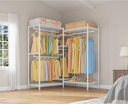 VIPEK L6 Heavy Duty Clothes Rack L Shape Clothing Rack 5-Tier Wire Garment Rack Freestanding Closet with 7 Adjustable Shelves & 4 Hanging Rods, 42.1" L x 42.1" W x 76.4" H, Max Load 850LBS, White