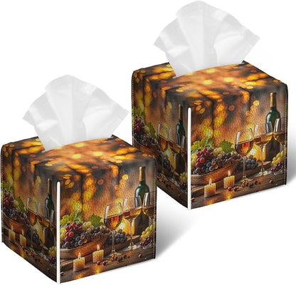 Vintage Wine Glass Tissue Box Cover 2PCS, Leather Tissue Box Holder Square Facial Paper Case Tissue Box Cube Organizer for Bathroom Bedroom Desk Office