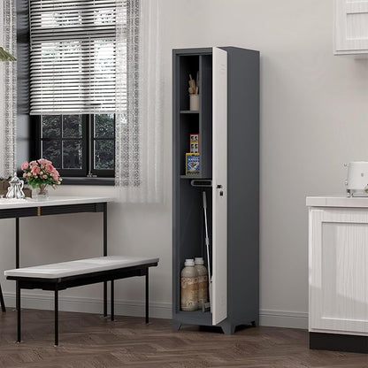 Narrow Storage Cabinet,Metal Slim Cabinet with Shelves,Utility Storage Cabinet with Hanging Rod,Tall Bathroom Storage Cabinets with Locking Door for Office, Gym, Garage,Grey