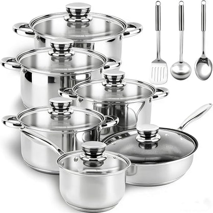 Stainless Steel Cookware Set Pots and Pans- 15 Pieces Nonstick Pot and Pan Set Includes 1 Frying Pans, 5 Pots, 6 Lids and 3 Utensils, with Stay Cooling Handle, Induction & Oven Safe