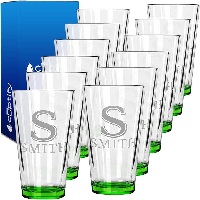 Personalized Beer Glasses Set of 12 Engraved Green 16oz Pint Glasses for Men & Women, Custom Drinking Gift for Birthdays, Weddings, Father’s Day & More