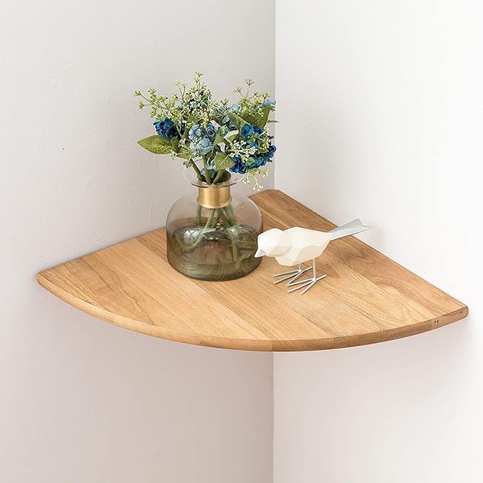 Conamily Corner Shelf, 12inch Solid Oak Wood Floating Corner Shelves Wall Mount Round End Floating Speaker Shelf with Wire Hole for Small Plant Photo Frame for Bedroom Kitchen, Living Room