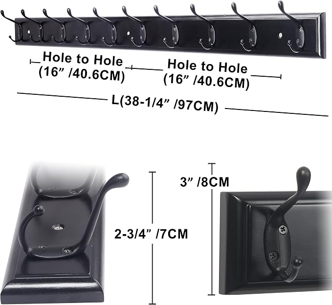 Dseap Coat Rack Wall Mounted: 10-Hooks, 16" Hole to Hole, 38-1/4" Long, Wood Coat Hooks Wall Mounted, Hook Rack, Hook Rail, Hooks for Hanging Coats, Black