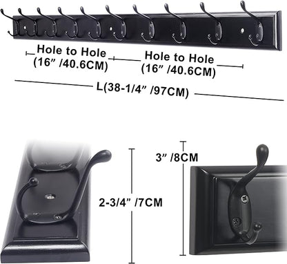 Dseap Coat Rack Wall Mounted: 10-Hooks, 16" Hole to Hole, 38-1/4" Long, Wood Coat Hooks Wall Mounted, Hook Rack, Hook Rail, Hooks for Hanging Coats, Black