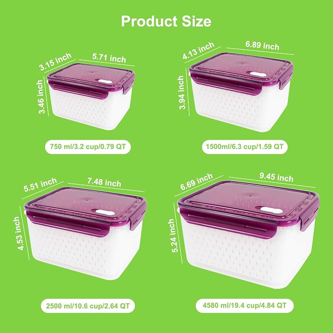 Fruit Storage Containers with Vent Holes and Colander - 4 Pack, BPA-Free Clear Plastic Food Storage Boxes with Airtight Lids for Refrigerator Fridge Vegetable Produce Organizer - Purple