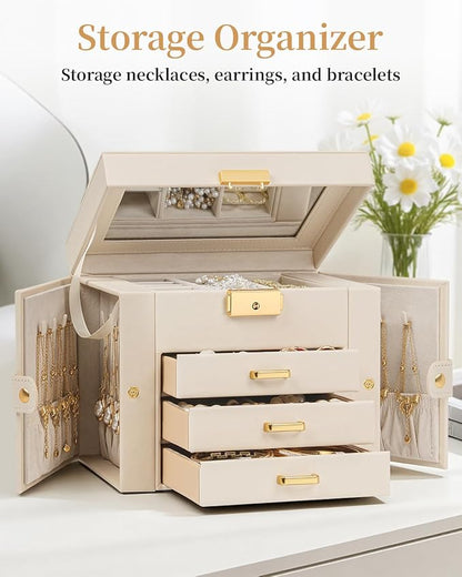 TORIBIO Jewelry Box for Women, Leather Jewelry Organizer with Mirror & Lock, 4-Tier Jewelry Storage Organizer with 3 Drawers for Girls/Women/Mothers, Necklace Earring Bracelets Holder Organizer