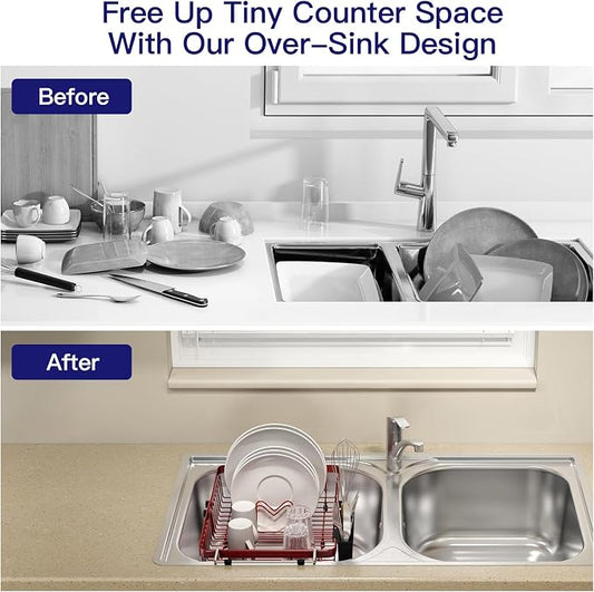 MAJALiS Red Dish Drying Rack Over The Sink, Expandable Stainless Steel Dish Drainer for Small Kitchen Counter Space Saving, RV Compact Plate Strainer in Metal with Hanging Adjustable Utensil Holder