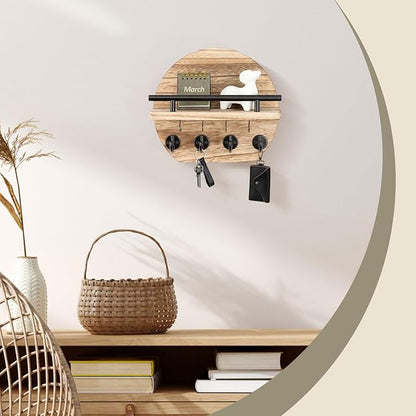 Nekon Key Holder for Wall - 9.8 Inch Apartment Wall Decor with Shelf and 8 Key Hooks, Circular Wood Key Hanger for Home Decor (Wood)