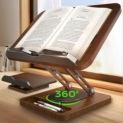 Book Stand for Reading, Adjustable Book Holder, 360° Rotating Bases with Pen Slot, Ergonomic Cookbook Stand Recipe Book Holder with Elastic Page Clips for Magazines, Tablets, Laptops