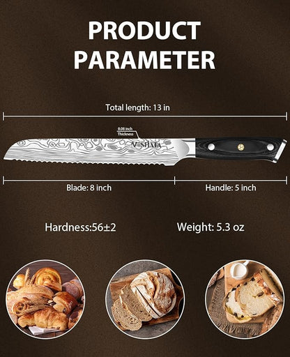 MOSFiATA Bread Knife 8” Ultra Sharp Serrated Knife, German High Carbon Stainless Steel EN1.4116 Bread Slicer with Bread Lame, Micarta Handle, For Bread, Cake, Bagels