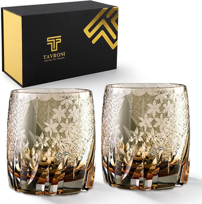 Edo Kiriko Whiskey Glasses – Handmade Crystal Glass Tumbler 11 oz for Bourbon Scotch Cocktail – Japanese Style Cut Crystal Whiskey Glass for Men and Women – Gift Set with Elegant Box (2pack)