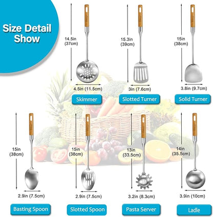 Stainless Steel Cooking Utensils Set with Wooden Handle, 7 Pcs Long Kitchen Utensil Set Stainless Steel, Heat Resistant Metal Spatula Set for Cooking with Turners, Skimmer, Ladle, Pasta Fork