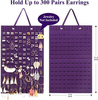 Resovo Hanging Earrings Organizer, Wall Earring Holder with 2 Hooks, Holds Up To 300 Pairs, Compact Design, Soft Material-Dark Purple