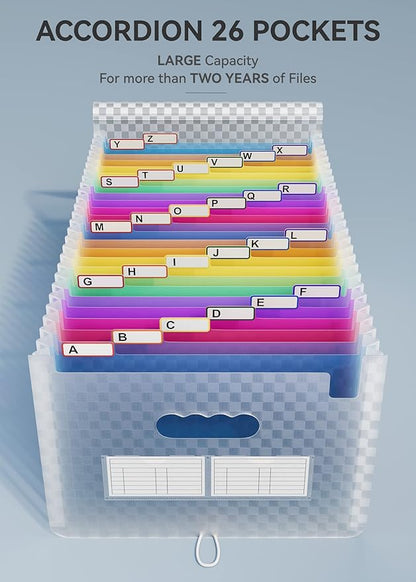 ABC life 26 Pockets Accordion File Organizer, Expanding File Folder, Portable Monthly Paper Bill Tax Receipt Organizer, Letter A4 Size Document Organizer with Labels - Blue