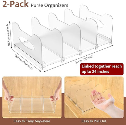 2-Pack Purse Organizers for Closet, Adjustable Small Shelf Divider Rack for Closet, Clear Handbag Storage Organizer, Plastic Bookshelf Separator Divider for Bedroom Living Room Office