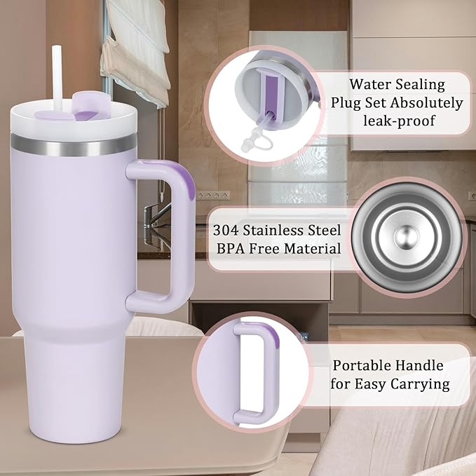 4 Pack 40 Oz Tumbler with Handle Bulk, Double Wall Vacuum Insulated Stainless Steel Tumbler with Lid and Straw, 40 oz cup with Silicone Spill Proof Stopper Set (Cream,Purple,Dark Green,Rose Quartz)