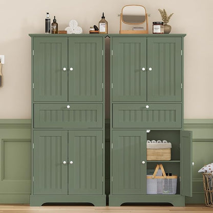 ChooChoo 51" H Tall Bathroom Floor Cabinet, Modern Bathroom Storage Cabinet with Drawer and Adjustable Shelves, Freestanding Kitchen Pantry Cupboard with 4 Doors for Living Room, Green