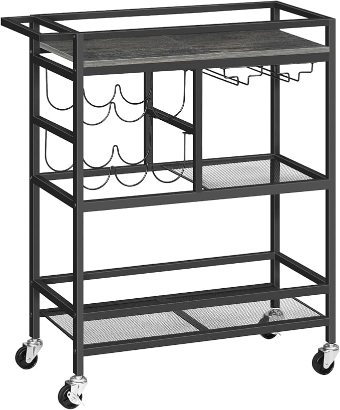 Bar Cart for Home, 3-Tier Serving Cart with Wheels and Handle, Beverage Cart with Wine Rack and Glass Holders, Rolling Wine Cart for Kitchen, Dining Room, Charcoal Gray and Black RCHT6101