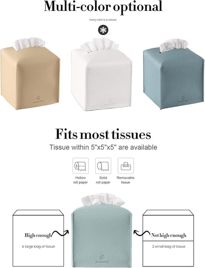 Tissue Box Cover, Jeethemy Square PU Leather Tissue Box Holder, Modern Tissue Case Facial Paper Organizer Dispenser，5X5X5'',Single Sky Blue