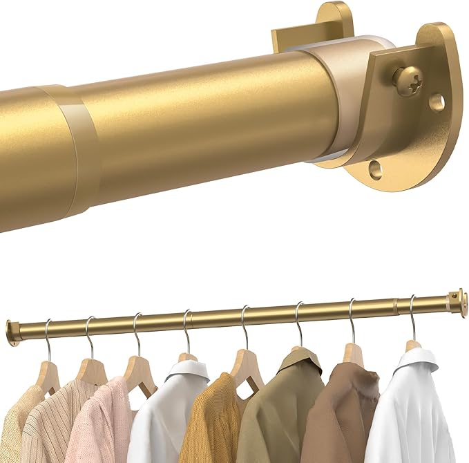 Supforce Closet Rods for Hanging Clothes, 17 to 84 Inches Stepless Adjustable Metal Closet Rod, 1.3 Inches Heavy Duty Clothes Hanging Rod for Closet Wardrobes Laundry RV, Golden