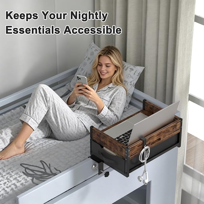 2 Tier Bedside Shelf - Clip on Bedsides Caddy Organizer for Dorm Bunk Beds, Floating Nightstand Bed Side Table Storage with Fabric Drawer, Bunk Bed Accessories Bedside Tray for College, Back to School