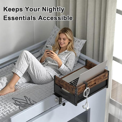 2 Tier Bedside Shelf - Clip on Bedsides Caddy Organizer for Dorm Bunk Beds, Floating Nightstand Bed Side Table Storage with Fabric Drawer, Bunk Bed Accessories Bedside Tray for College, Back to School