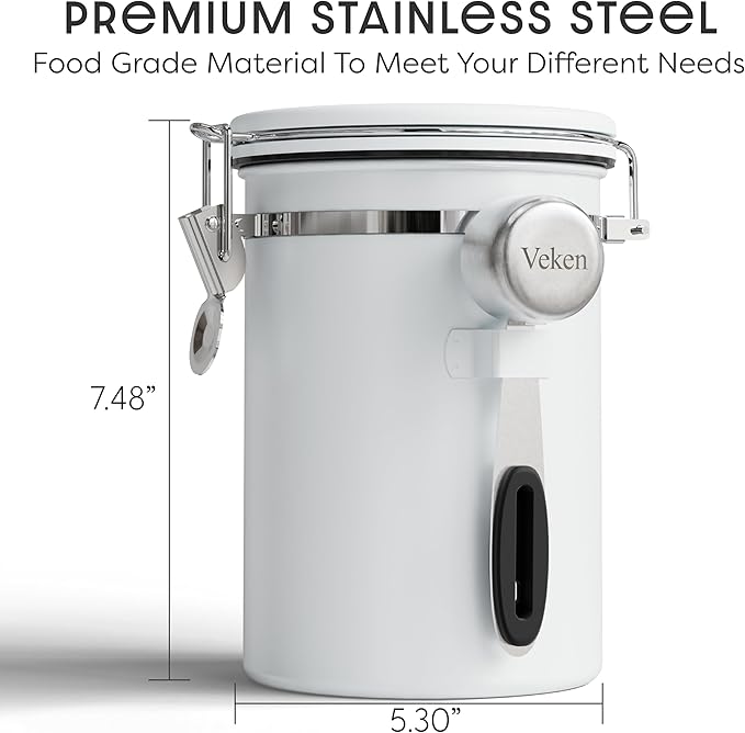 Veken Coffee Canister with Window, Airtight Stainless Steel Kitchen Food Storage Container with Lids, Date Tracker and Scoop for Ground, Beans, Tea, Flour, Cereal, Sugar Jars, 22OZ, White