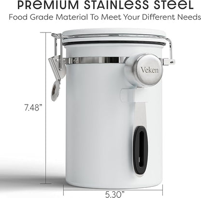 Veken Coffee Canister with Window, Airtight Stainless Steel Kitchen Food Storage Container with Lids, Date Tracker and Scoop for Ground, Beans, Tea, Flour, Cereal, Sugar Jars, 22OZ, White