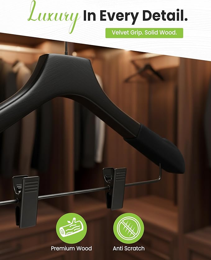 Wooden Hangers with Clips for Women, Solid Wood Skirt & Suit Hangers, Heavy-Duty Adjustable Non-Slip Design with Velvet Grip, Black with Black Velvet, 6 pcs