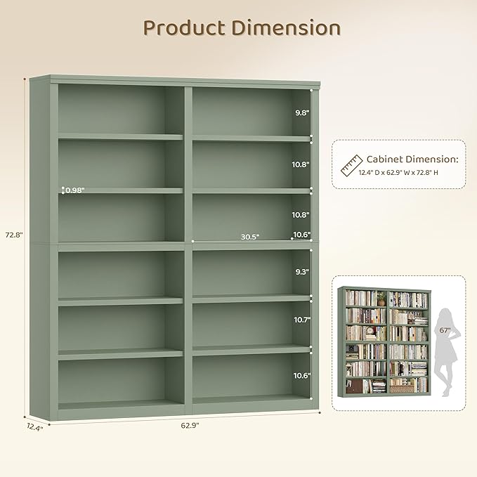 HOSTACK 63" W Open Book Shelf, 73" Tall Bookshelf with Storage, Modern Green Bookshelf, Large Bookcase with 12 Display Shelves, 6 Tier Wooden Book Case for Living Room, Home Office, Library, Green
