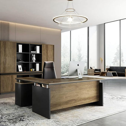 SAINTCY 63 Inch L-Shaped Executive Desk, Industrial Modern Wood Office Desk with 3 Drawers, Built-in Cable Management & Power Outlet, Real Wood Finish, Reversible Left/Right Return Home Workstation