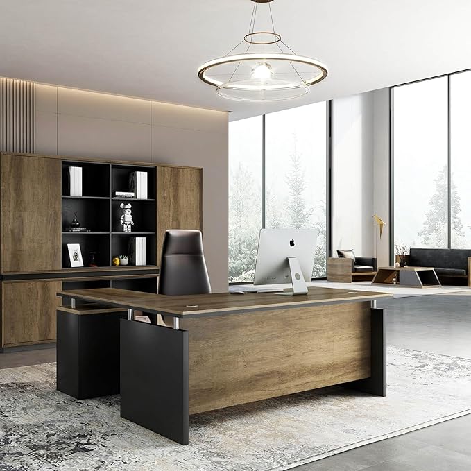 63 Inch L-Shaped Executive Desk Set of 2, Industrial Modern Wood Office Desk with 3 Drawers, Built-in Cable Management & Power Outlet, Real Wood Finish, Reversible Left/Right Return Home Workstation