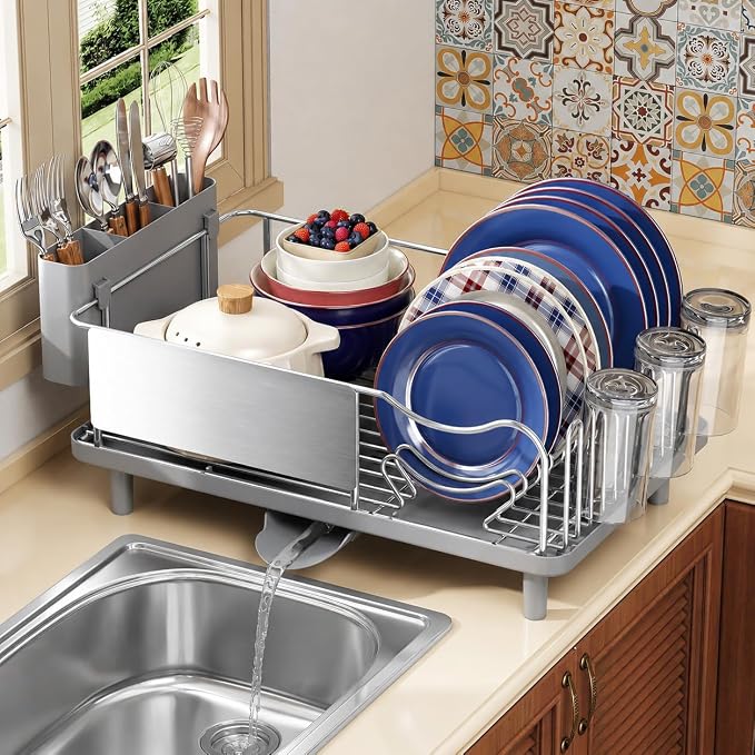 Stainless Steel Dish Drying Rack - Large Capacity Dish Rack for Kitchen Counter with Drain Board, Rustproof Dish Drainer with Auto Drain Spout Utensil Holder Glass Holder, Dinnerware Organizer, Gray