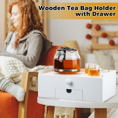 Cinnvoice Tea Bag Organizer Wood Tea Organizer Storage Box 8 Compartments Container Holder with Lid to Storage and Keep Fresh(White)