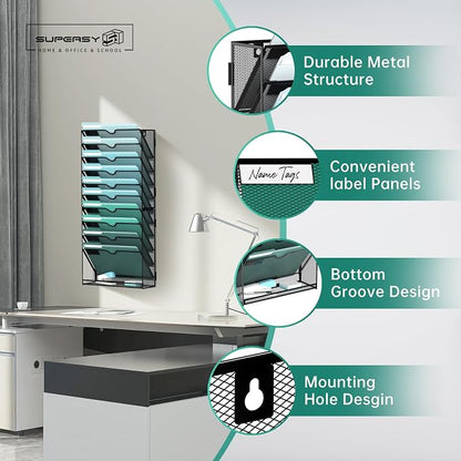 SUPEASY 11-Tier Wall File Organizer, Hanging Wall Files for Papers, Folders, Magazines, Wall Organizer for Clipboard, Assembly Needed, Black