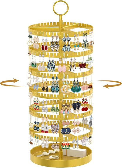 MODOWEY 6 Tier Rotating Earring Holder Organizer Display Tree with Metal Tray, Adjustable Plastic Stand with 342 Slots for Stud Hoop Hanger, Large Capacity Storage Rack for Women Space-Saving, Gold