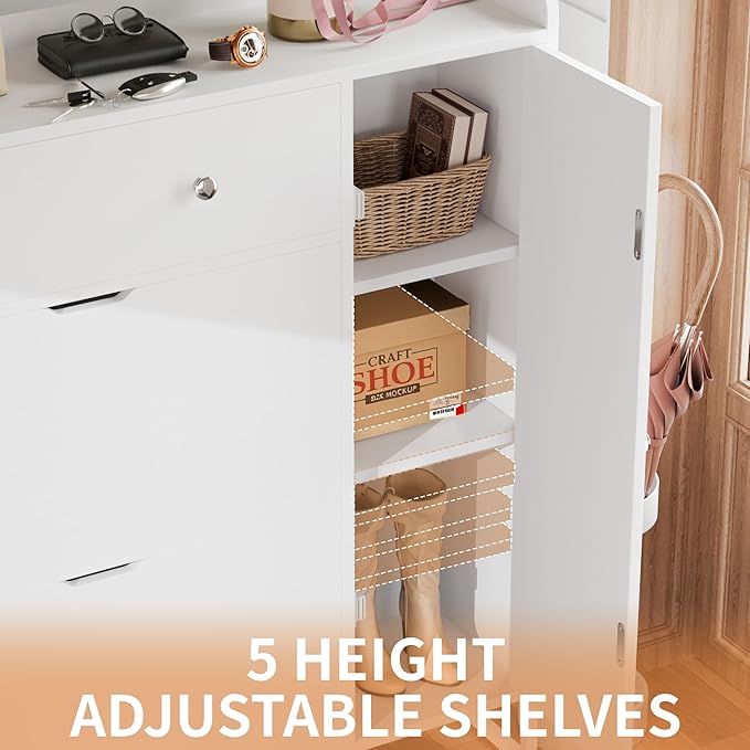 YESHOMY Shoe Cabinet for Entryway, Shoe Storage Cabinet with 2 Flip-Front Doors & Drawers, Shoes Organizer for Living Room and Hallway, White