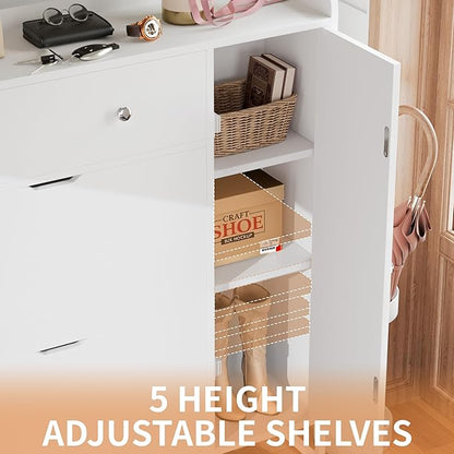 YESHOMY Shoe Cabinet for Entryway, Shoe Storage Cabinet with 2 Flip-Front Doors & Drawers, Shoes Organizer for Living Room and Hallway, White