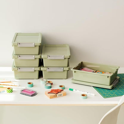 IRIS USA 2 Qt. Craft Storage Bins with Lids, 6-Pack, |Made in USA|, Clip Box, Small Plastic Sensory Bin Tote Organizer Containers for Art Supplies, Paper, & Office, Stackable - Sage Green