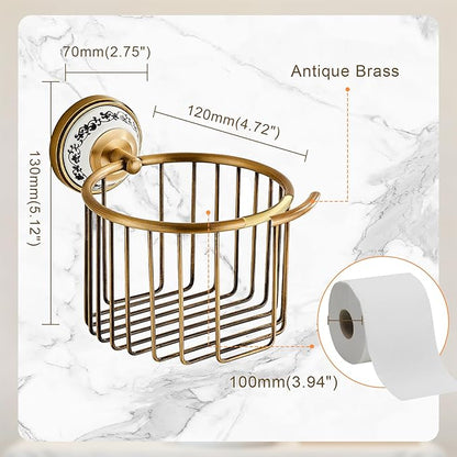 Vintage Wall-Mounted Toilet Paper Holder with Wire Basket Design, Antique Brass, Wall-Mounted Bath Hand Towel Holder with Ceramic Inlay, Vintage Style.