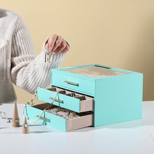 Frebeauty Clear Lid Jewelry Box,3-Layer Jewelry Organizer with Drawer,PU Leather Jewelry Organizers and Storage,Jewelry Boxes for Women,Jewelry Storage for Rings Earring Stud,Gift for Women(Turquoise)