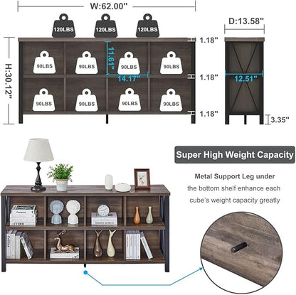 FATORRI 8 Cube Storage Organizer Bookshelf, 62 Inch Rustic Wood Horizontal Bookcase, Industrial Cube Long Book Shelf for Living Room (Walnut Brown)