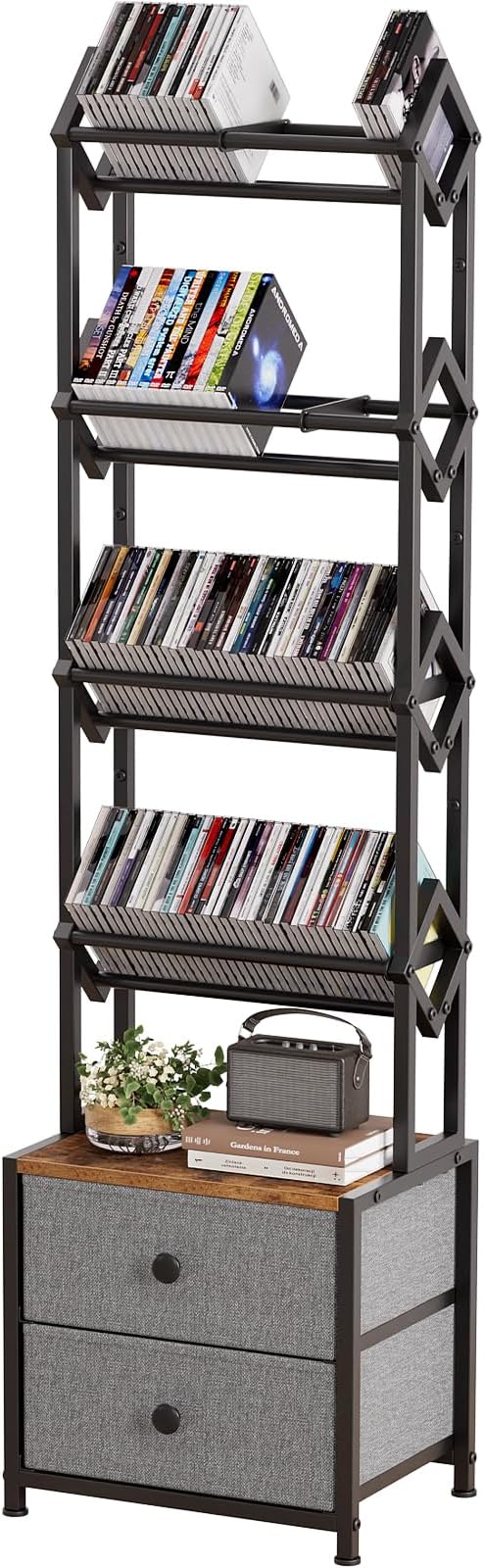 CD Storage Rack with Drawers, 5-Tier Media Organizer DVD Storage Shelf, Large Capacity for CD/DVD, Books & Games, Ideal for Living Room & Home Office, 15.7×11.8×58.7Inches