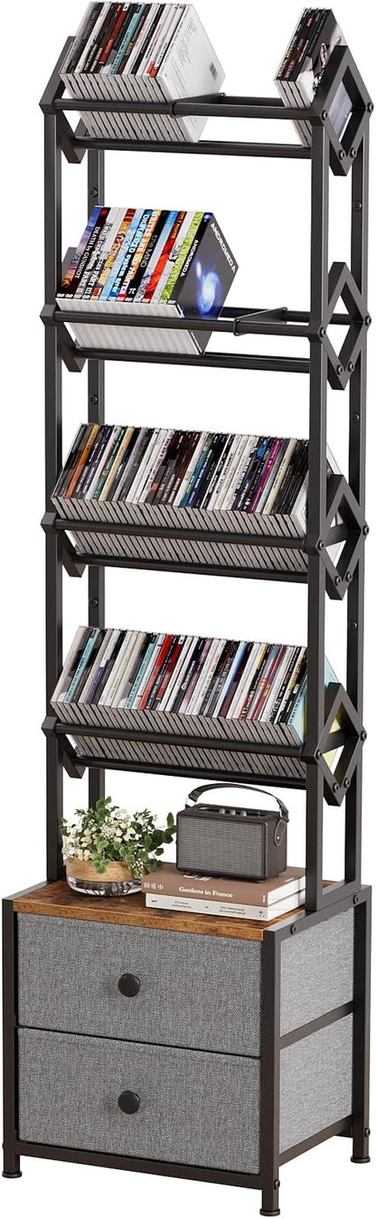 CD Storage Rack with Drawers, 5-Tier Media Organizer DVD Storage Shelf, Large Capacity for CD/DVD, Books & Games, Ideal for Living Room & Home Office, 15.7×11.8×58.7Inches