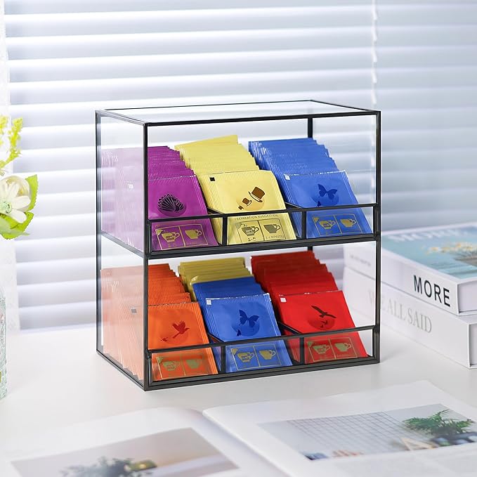 REDHUGO Glass Tea Bag Organizer for Counter, 2-Tier Teabag Organizer Storage Holder for Tea Bags, Glass Caddy Box Containers, Rack Teabag Station Stand for Cabinet Kitchen, 2-Tier, Black