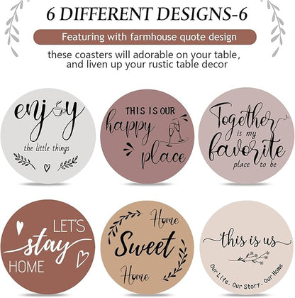 Queekay Coasters Set of 6 House Warming Gifts New Home Wooden Farmhouse Drink Coasters with Holder 4'' Funny Decoration for Kitchen Family Coffee Bar Tabletop Protection(Light Brown)